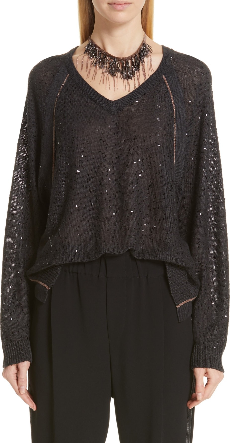 Brunello Cucinelli Sequin & Monili Embellished Linen & Silk Sweater
