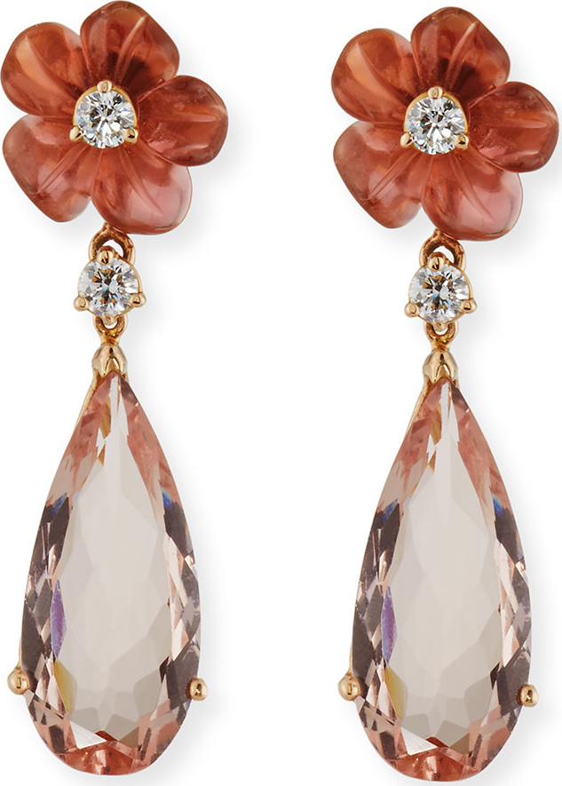 Rina Limor Pink Tourmaline Flower & Morganite Drop Earrings with Diamonds