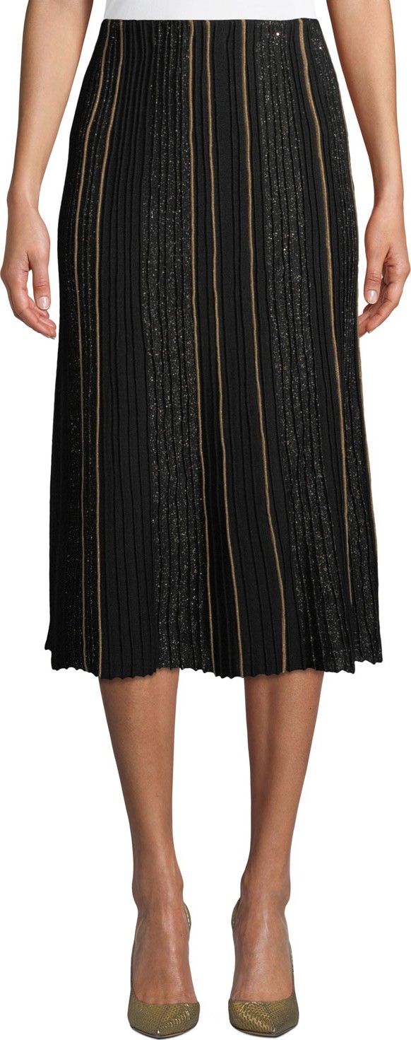 Lafayette 148 New York Fluted Ottoman-Pleated Silk Skirt with Sequined Embellishments