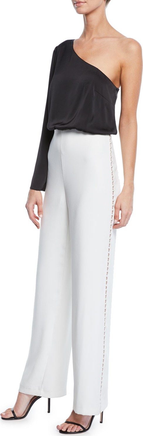 Aidan by Aidan Mattox Asymmetric One-Shoulder Two-Tone Jumpsuit w/ Charmeuse Top & Crepe Bottom