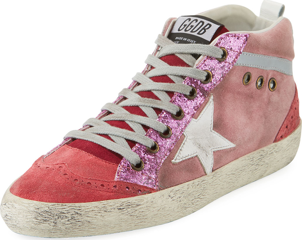 Golden Goose Deluxe Brand Mid-Top Star Glitter Sneaker, Pink/White