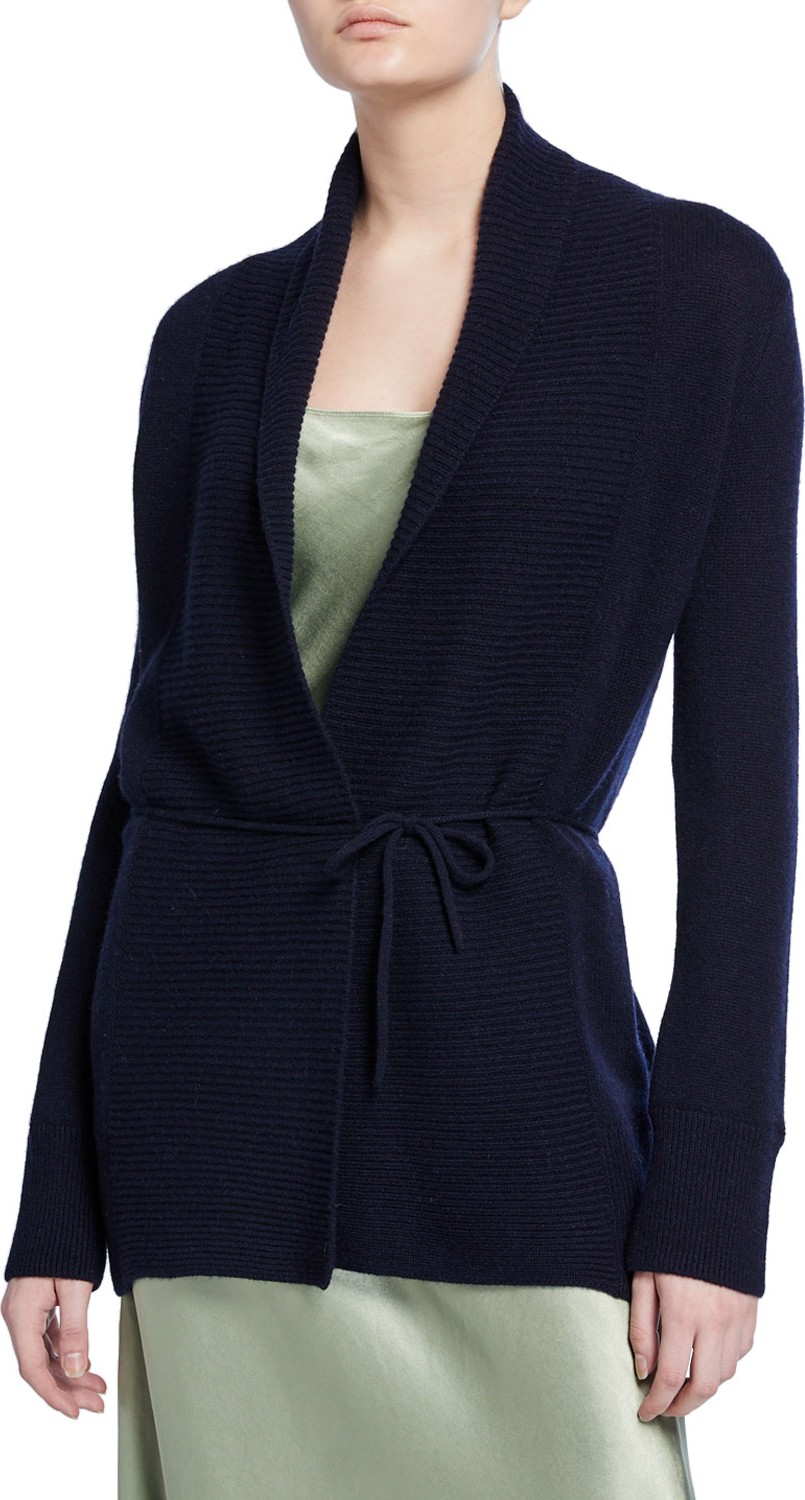 Vince Rib-Front Wool Cardigan with Waist Tie
