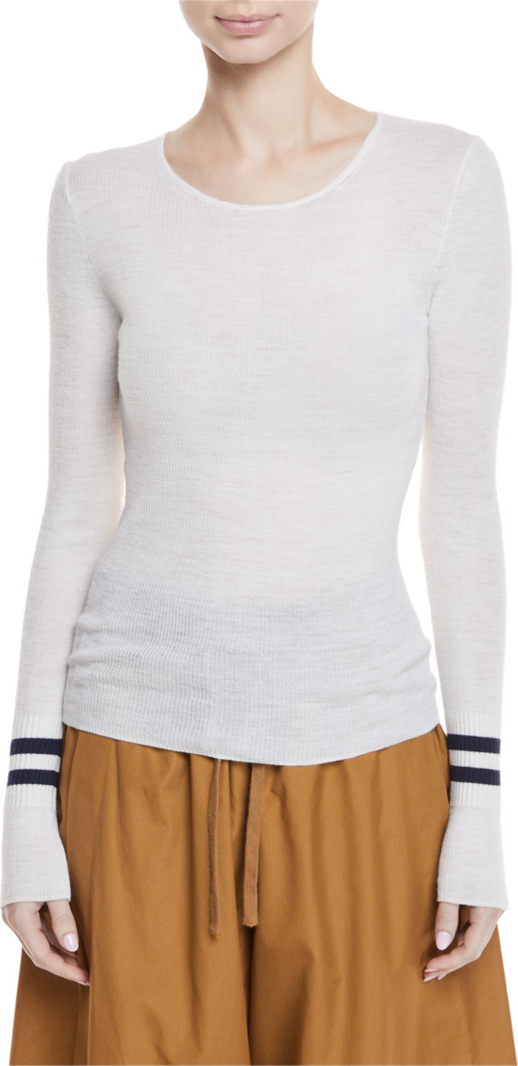 Vince Ribbed Wool Sweater w/ Striped Cuffs
