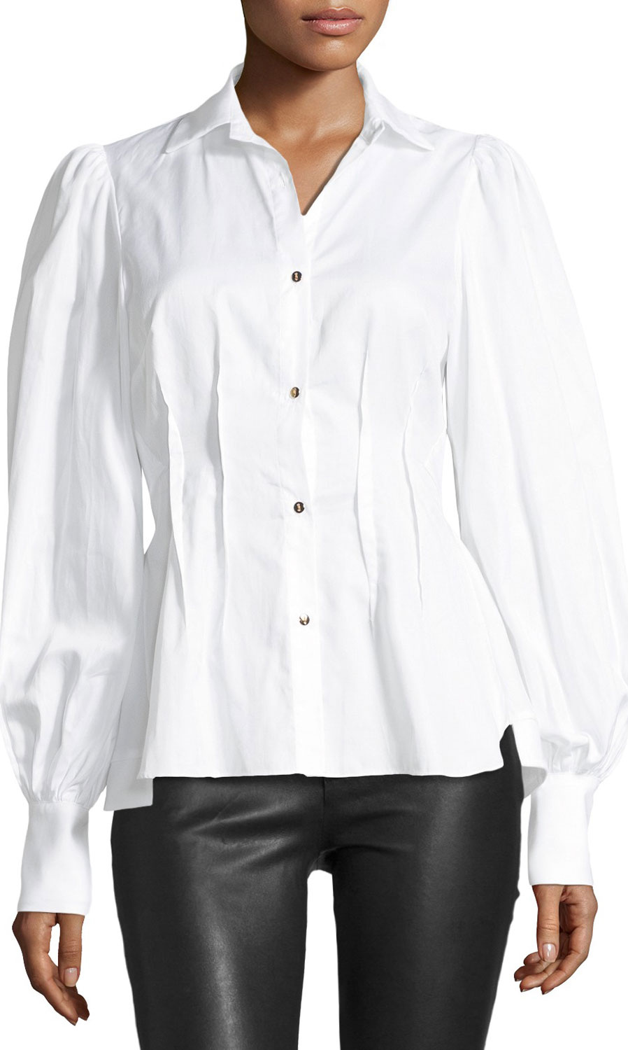 Petersyn Waverly Button-Front Blouson-Sleeve Cotton Shirt