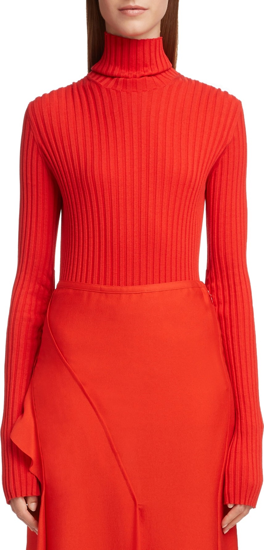 Victoria Beckham Gathered Sleeve Rib Knit Turtleneck Sweater
