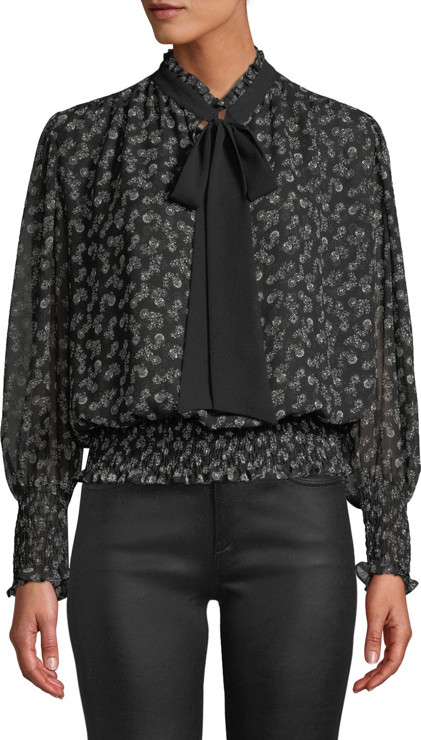MISA Los Angeles Somer Floral High-Neck Chiffon Long-Sleeve Top