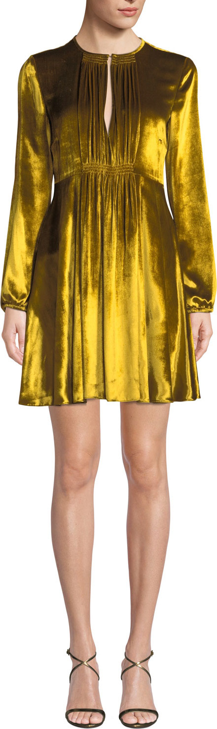 RED Valentino Liquid Velvet Pleated-Bib Long-Sleeve Dress