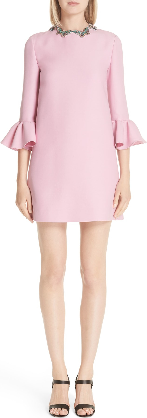 Valentino Embellished Butterfly Neck Wool & Silk Shift Dress
