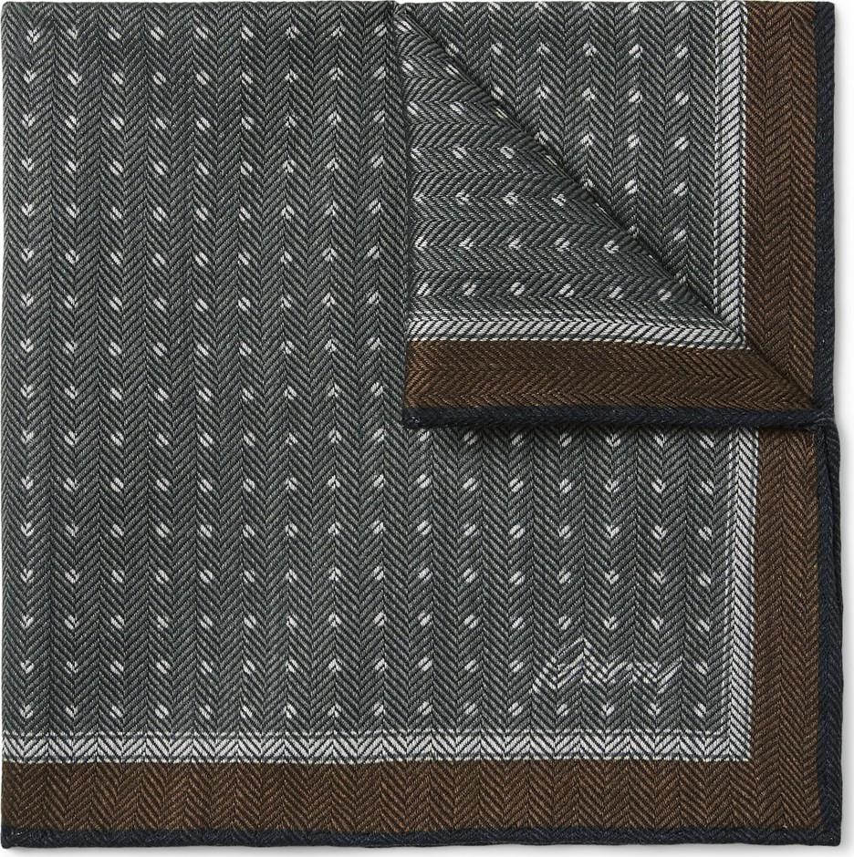 Brioni Polka-Dot Herringbone Wool and Silk-Blend Pocket Square