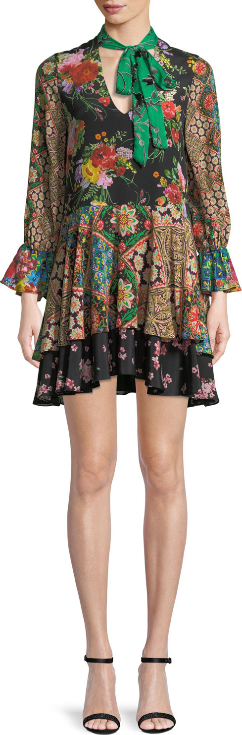 Alice + Olivia Moore V-Neck Scarf Floral-Print Silk Dress