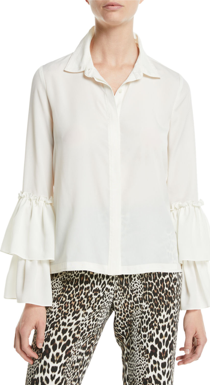 Badgley Mischka Double-Ruffle Sleeve Blouse