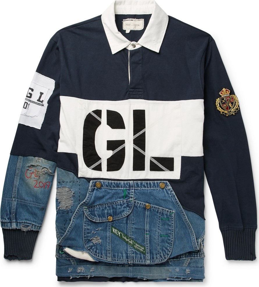 Greg Lauren Panelled Distressed Cotton-Jersey and Denim Rugby Shirt