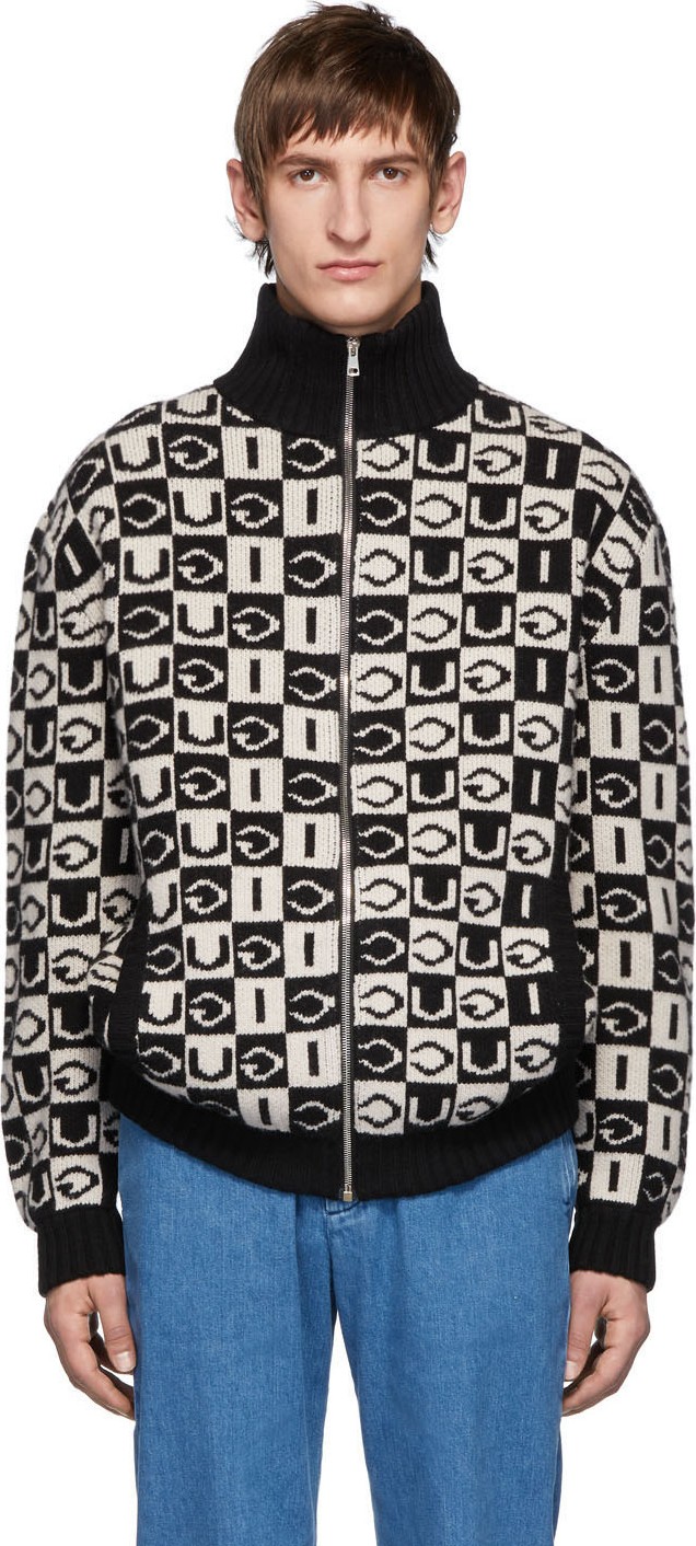 Gucci Black & Off-White Wool Checkerboard Zip-Up Sweater