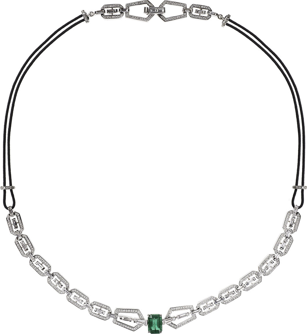 Nikos Koulis V 18k White Gold Diamond & Emerald Necklace
