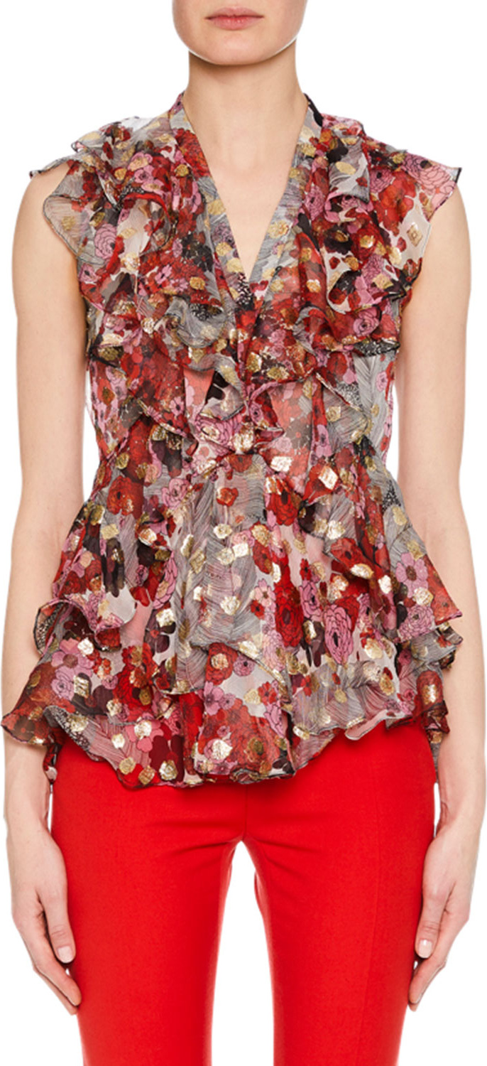 Alexander McQueen Sleeveless Feather Fil-Coupé Ruffled Blouse
