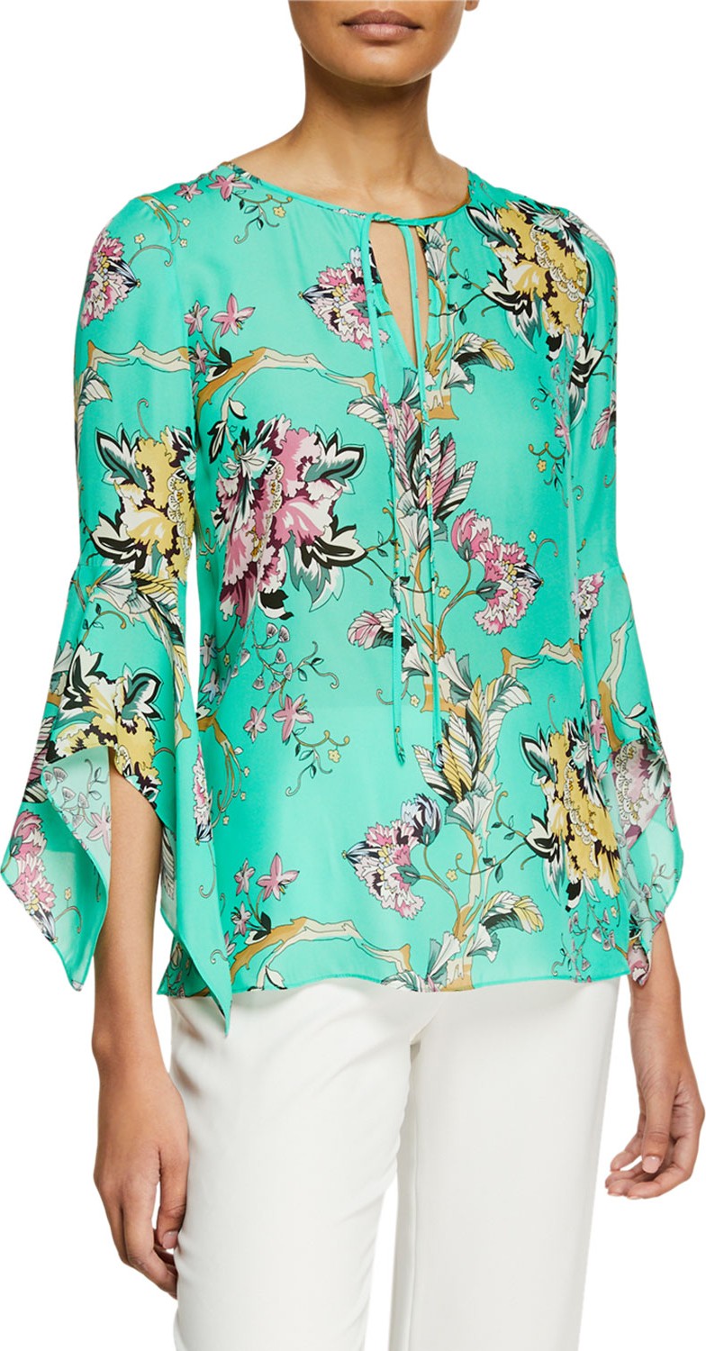 KOBI HALPERIN Rubie Split-Neck 3/4 Flared-Sleeve Floral-Print Silk Blouse