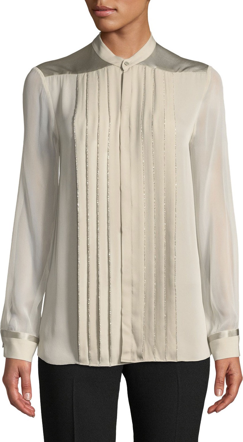 Elie Tahari Gilberta Small Chain Pleated Button-Front Silk Blouse Elie Tahari Gilberta Small Chain Pleated Button-Front Silk Blouse