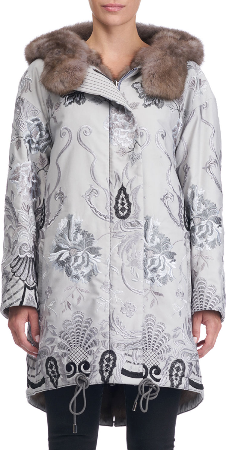 Gianfranco Ferre Reversible Fur-Lined Embroidered Stroller Coat