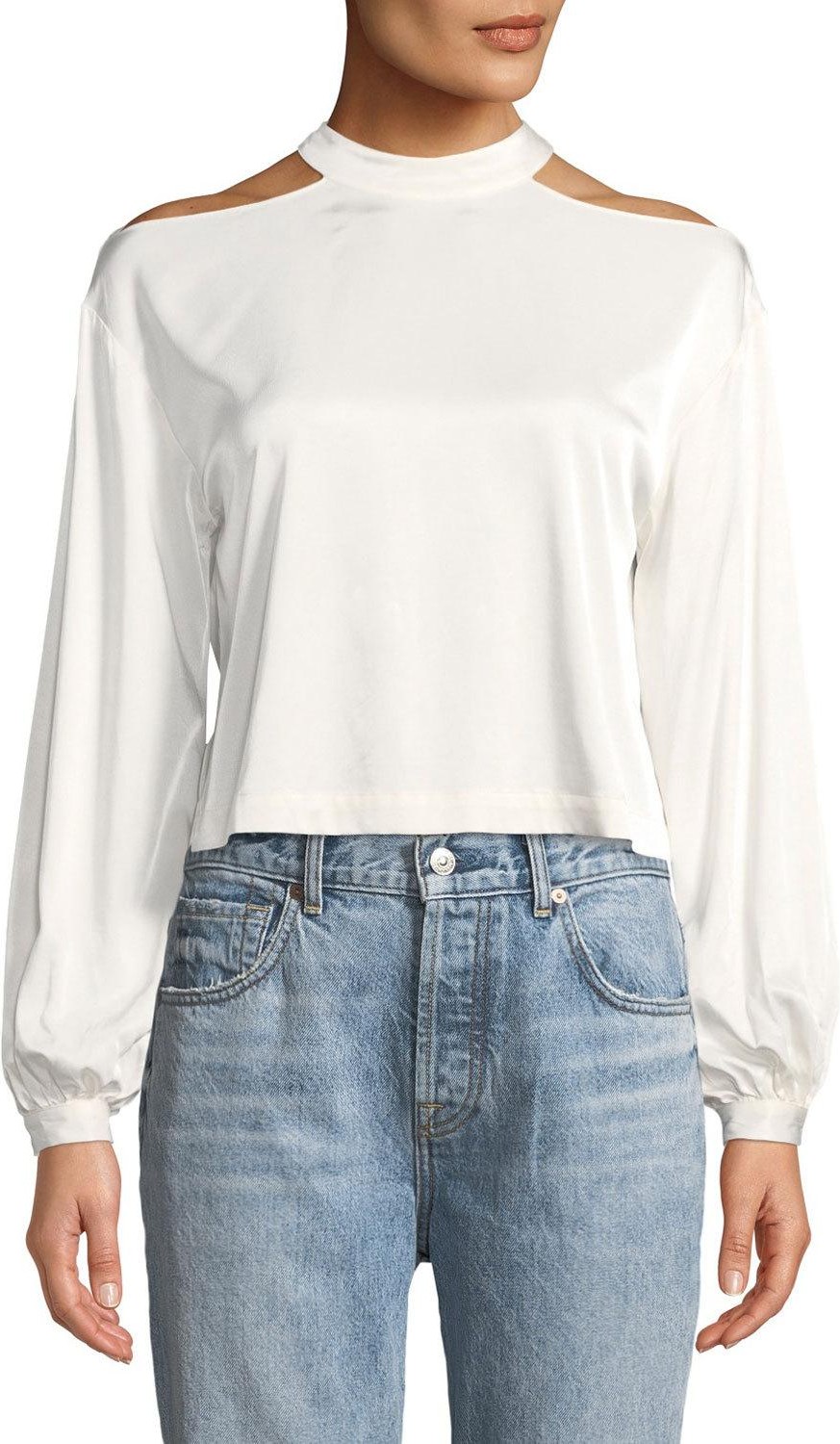 Marled by Reunited Cropped Blouson-Sleeve Blouse with Cutout Shoulders