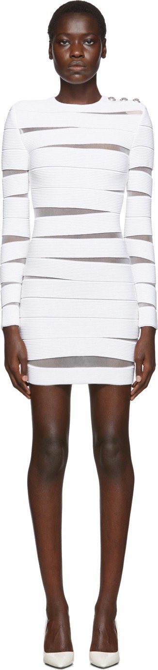 Balmain White Long Sleeve Open Knit Dress