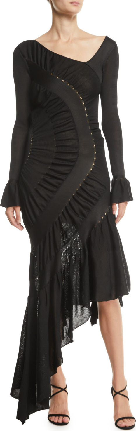 Roberto Cavalli Long-Sleeve Asymmetric V-Neck Ruched Jersey Gown