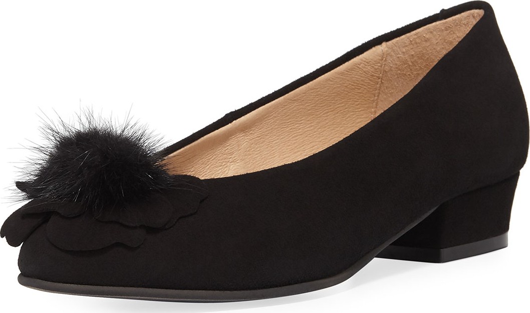 Sesto Meucci Ange Flower Fur Pouf Suede Pumps, Black