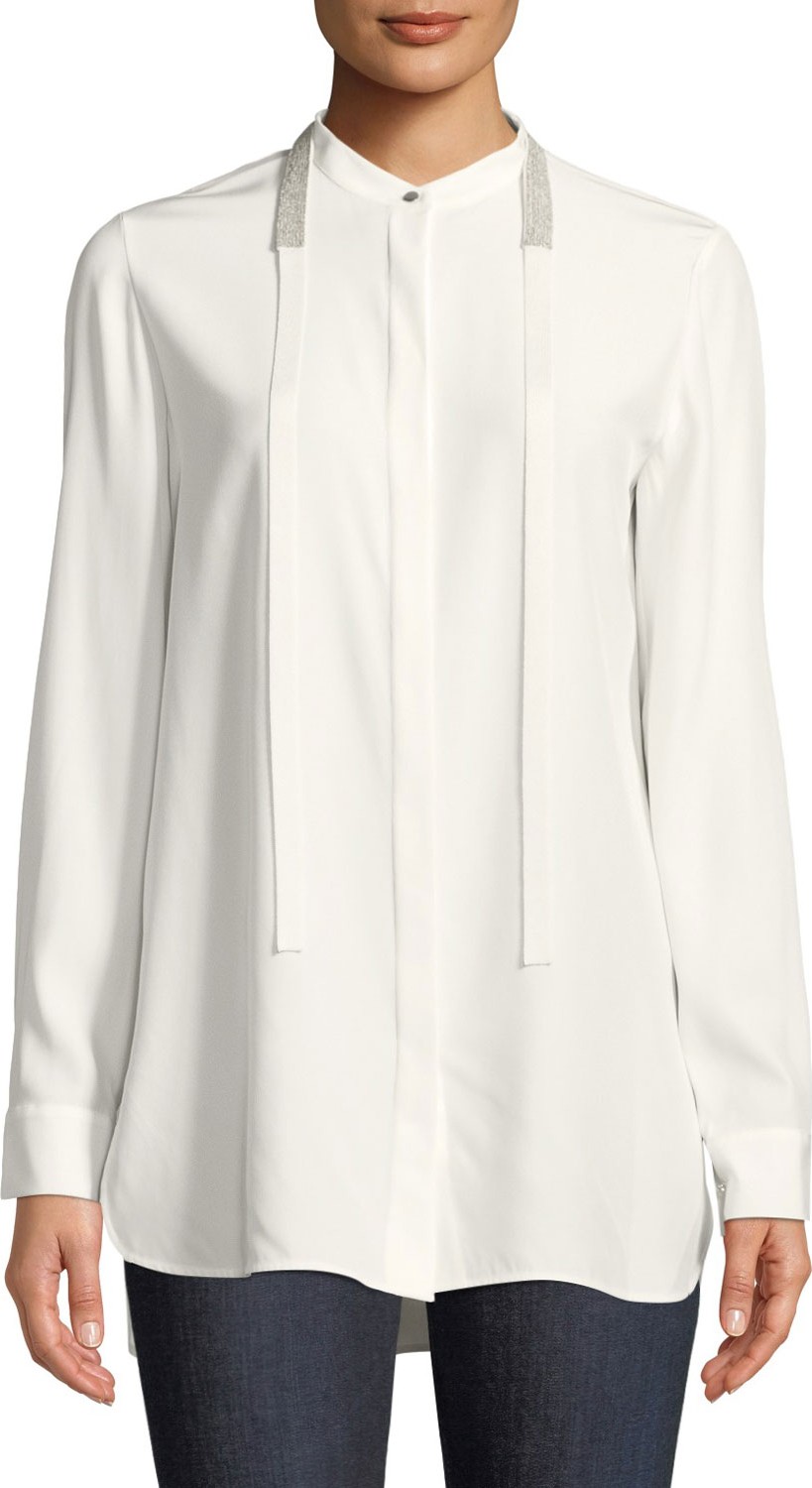 Lafayette 148 New York Cayman Tie-Collar Matte Silk Blouse