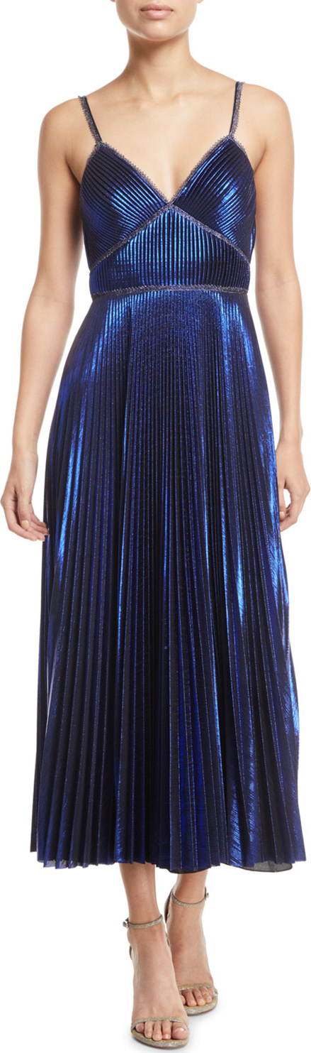Marchesa Notte Pleated Sleeveless Tea-Length Dress