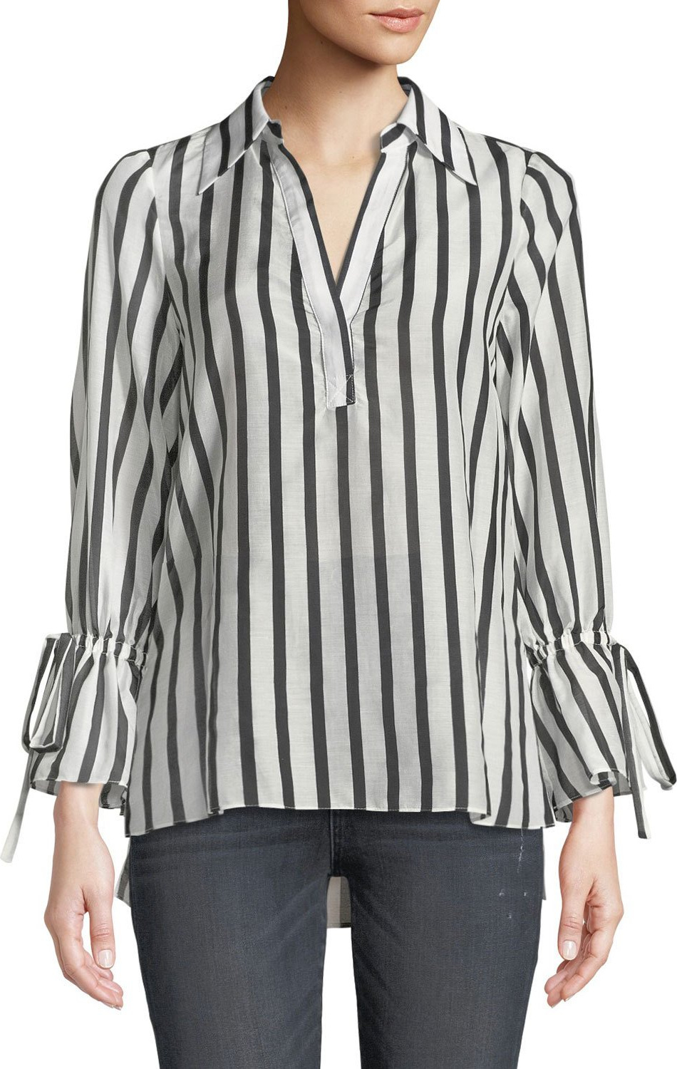 Alice + Olivia Geraldine Striped Bow-Sleeve Collared Tunic Top