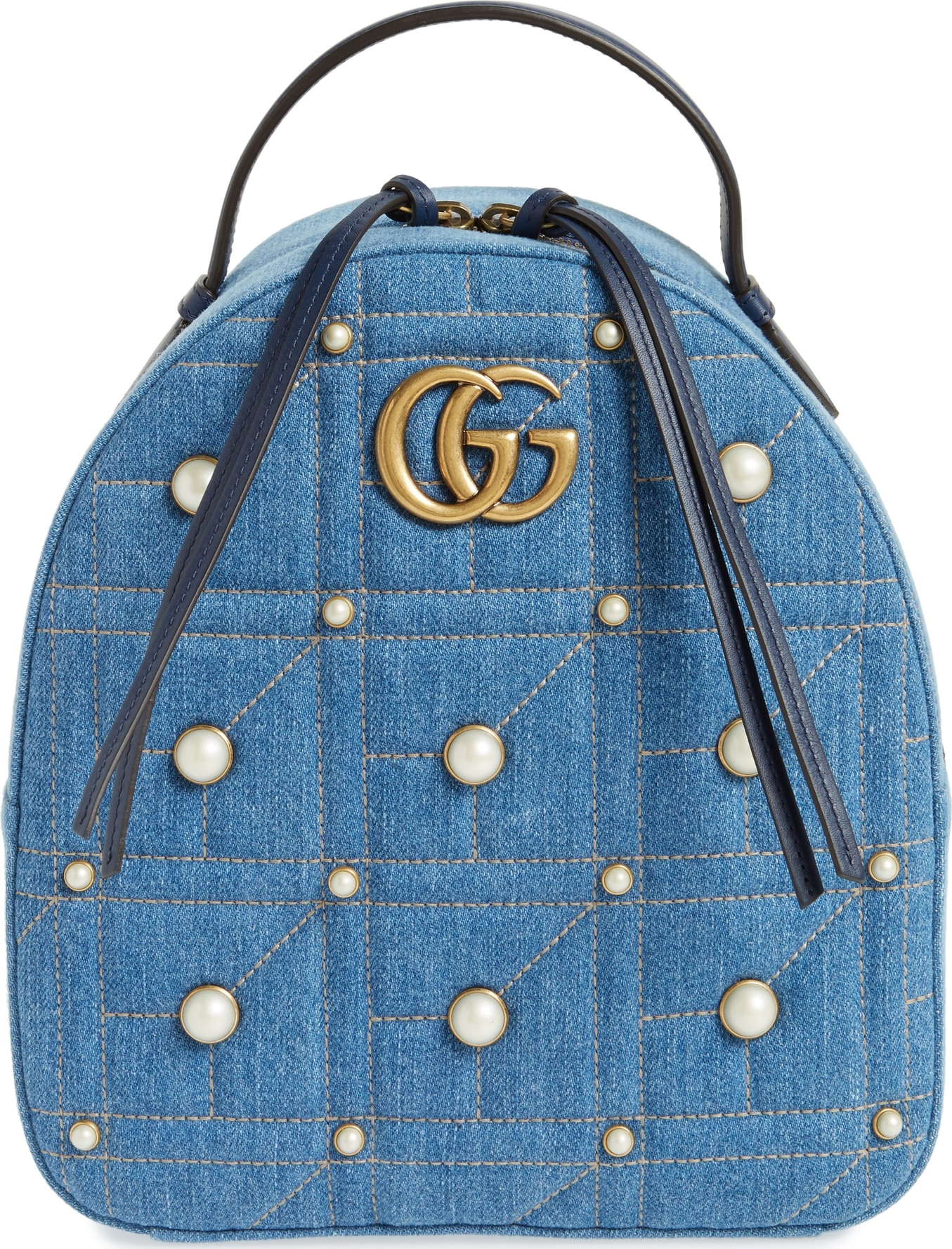 Gucci GG Marmont 2.0 Imitation Pearl Embellished Denim Backpack