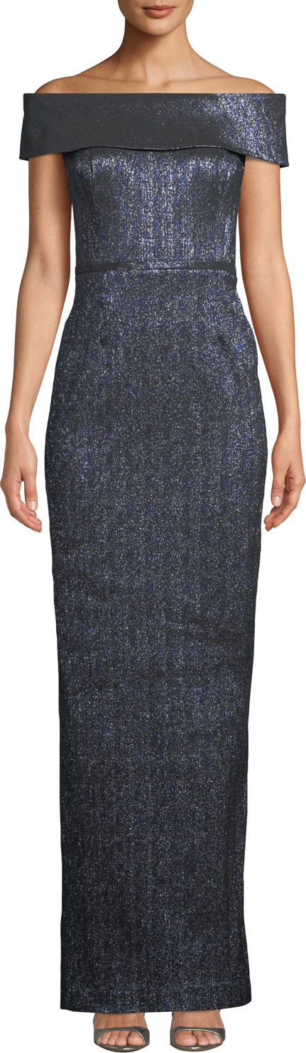 Rickie Freeman for Teri Jon Off-the-Shoulder Metallic Stretch Jacquard Gown