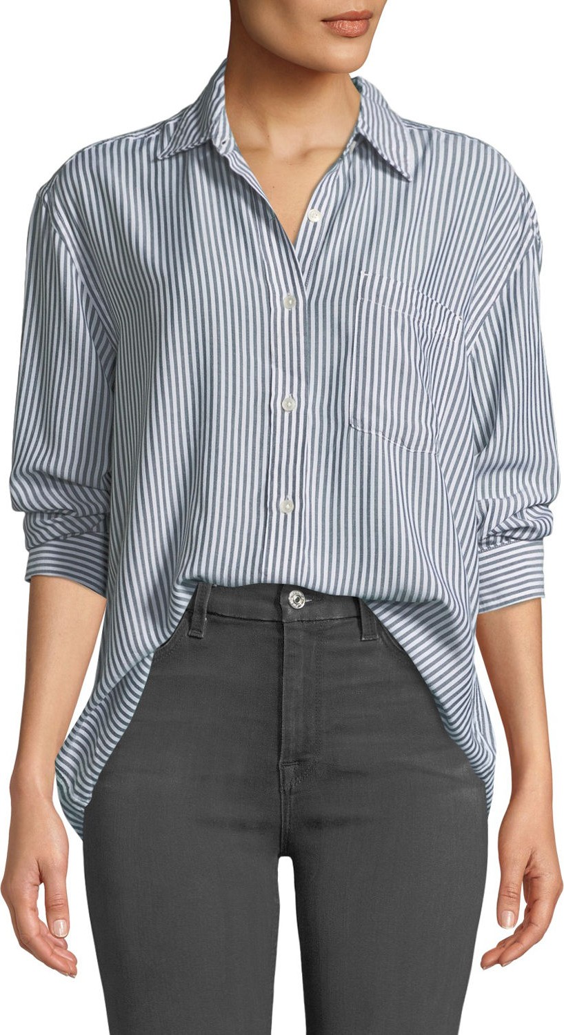 7 For All Mankind High-Low Tie Long-Sleeve Button-Front Striped Shirt