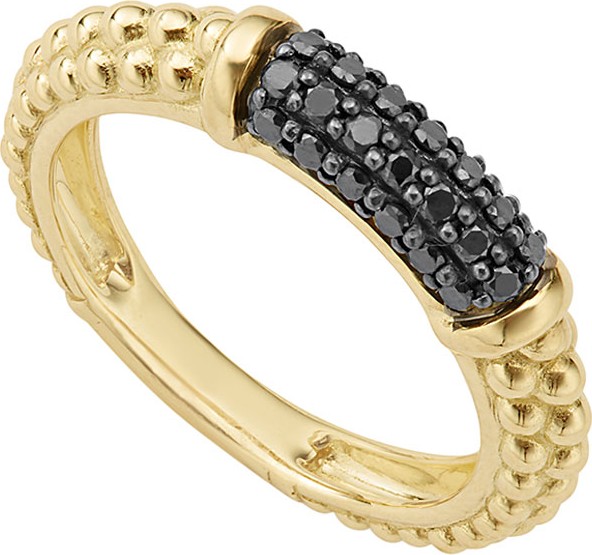 LAGOS 3mm 18k Gold Caviar Stack Ring with Black Diamonds, Size 7