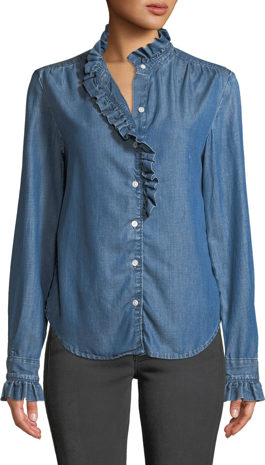 FRAME DENIM Ruffle Button-Front Denim Shirt