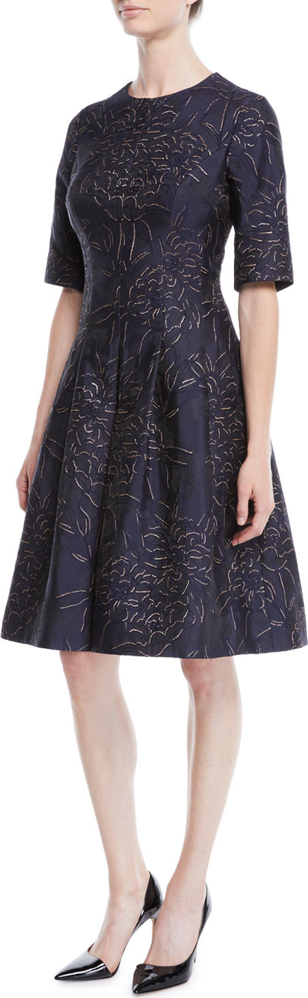 Rickie Freeman for Teri Jon Elbow-Sleeve Floral-Jacquard Fit-and-Flare Cocktail Dress