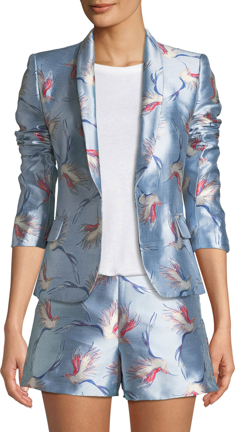 Alice + Olivia Macey One-Button Bird-Print Satin Jacket Alice + Olivia Macey One-Button Bird-Print Satin Jacket