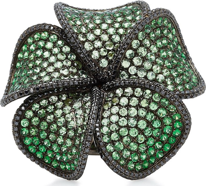 Wendy Yue 18k White Gold Tsavorite & Diamond Hibiscus Ring