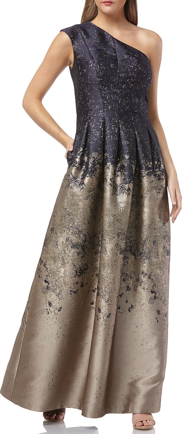 Kay Unger One-Shoulder Ombre Jacquard Gown with Pleating