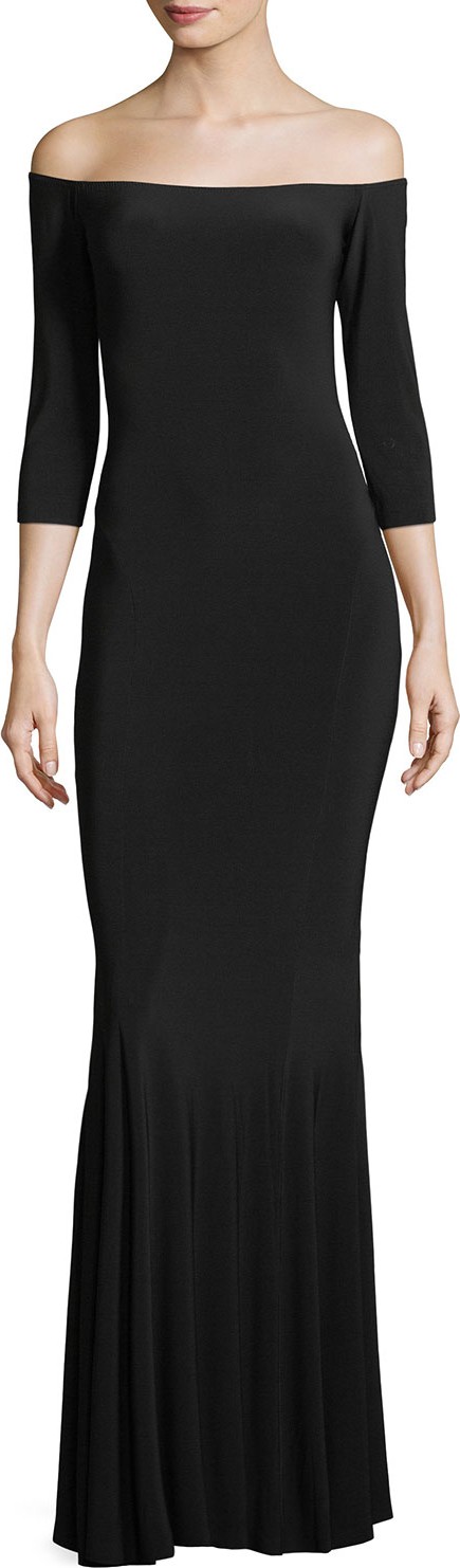 Norma Kamali Off-the-Shoulder 3/4 Sleeves Fishtail Evening Gown