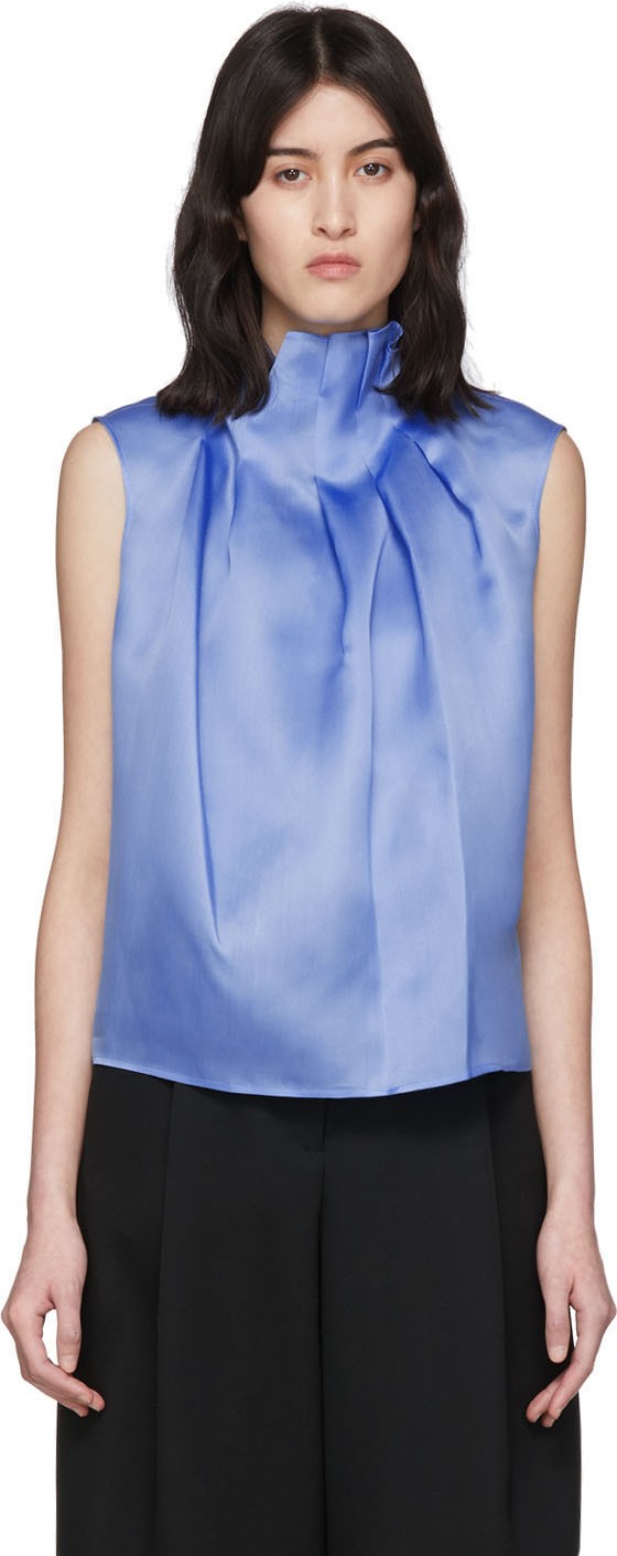 Nina Ricci Blue Silk Ruffle Neck Tank Top
