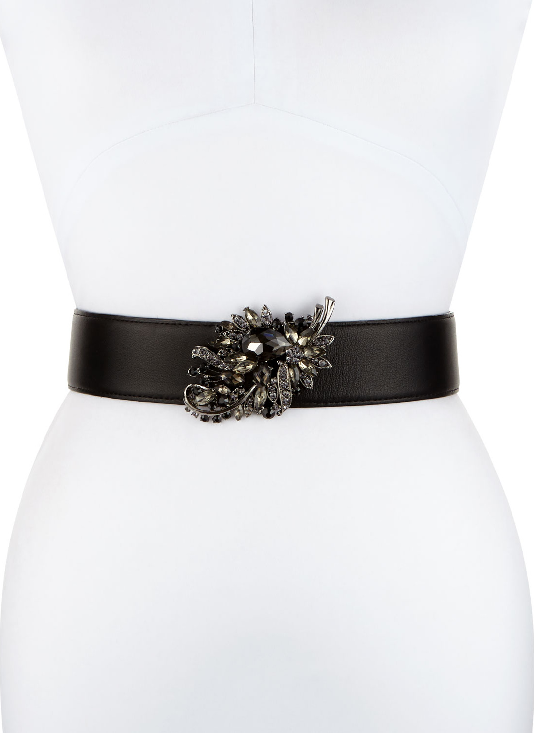 Deborah Drattell Adriana Rhinestone-Leaf Leather Belt, Black