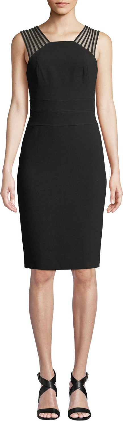 HALSTON HERITAGE Sleeveless Square-Neck Sheath Dress with Strappy Shoulders