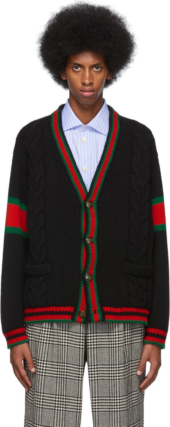 Gucci Black Cable Knit Web Cardigan