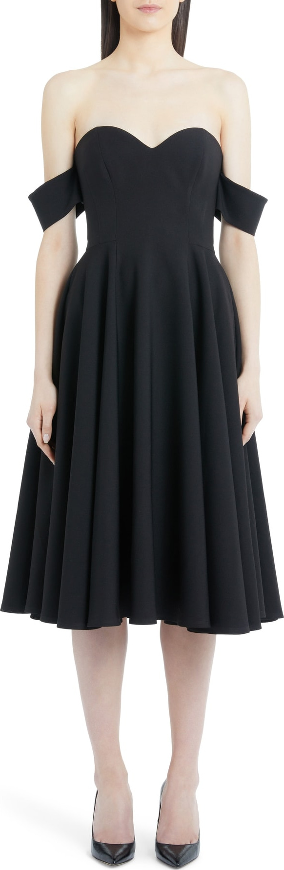 Sara Battaglia Pleated Off the Shoulder Dress