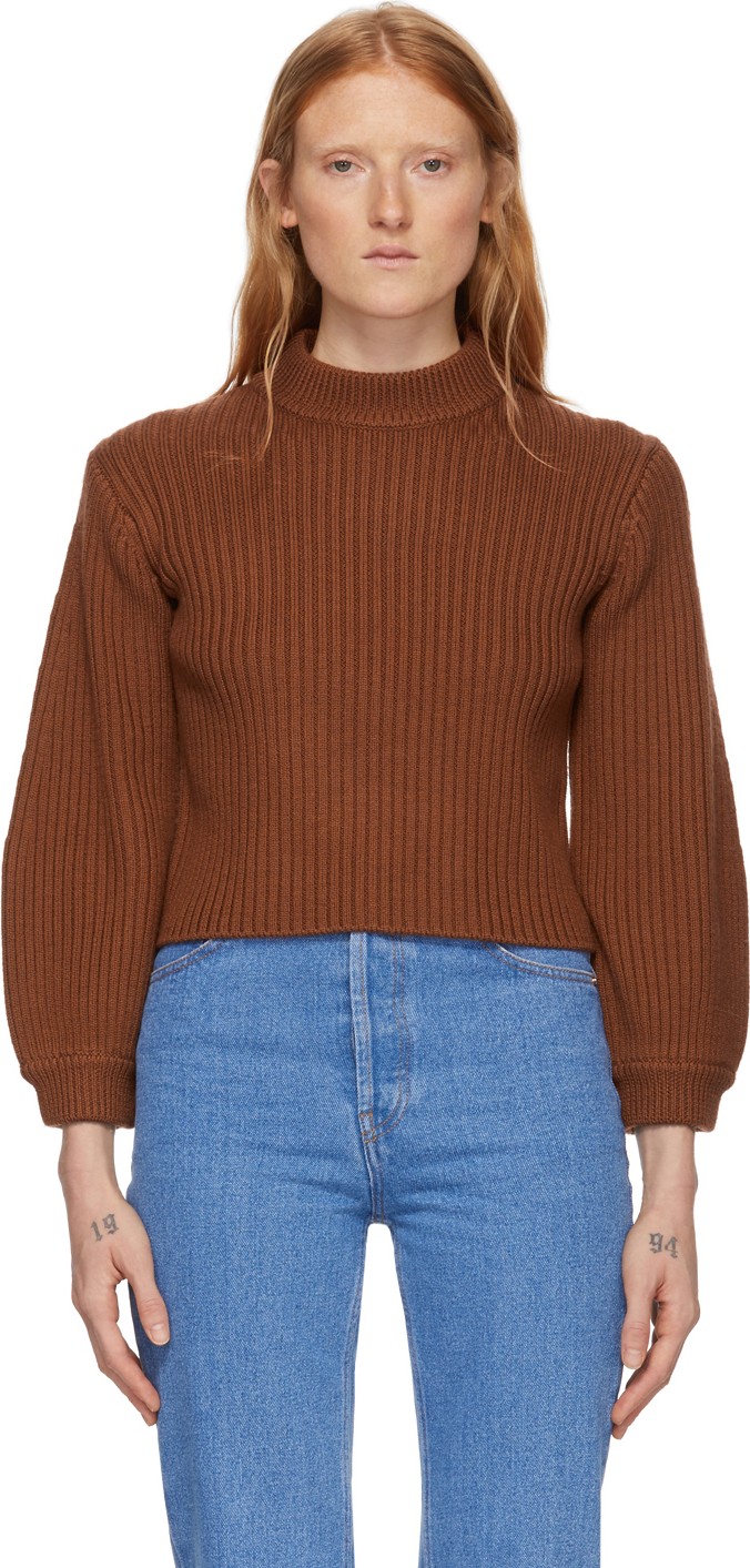 Tibi Brown Merino Rib Slit Neck Pullover Sweater