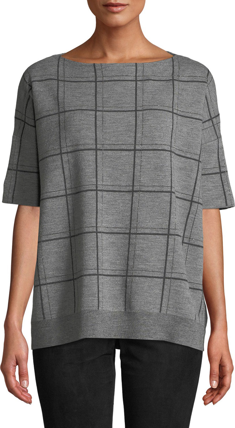 Lafayette 148 New York Boat-Neck Short-Sleeve Oversized Check Jacquard Sweater