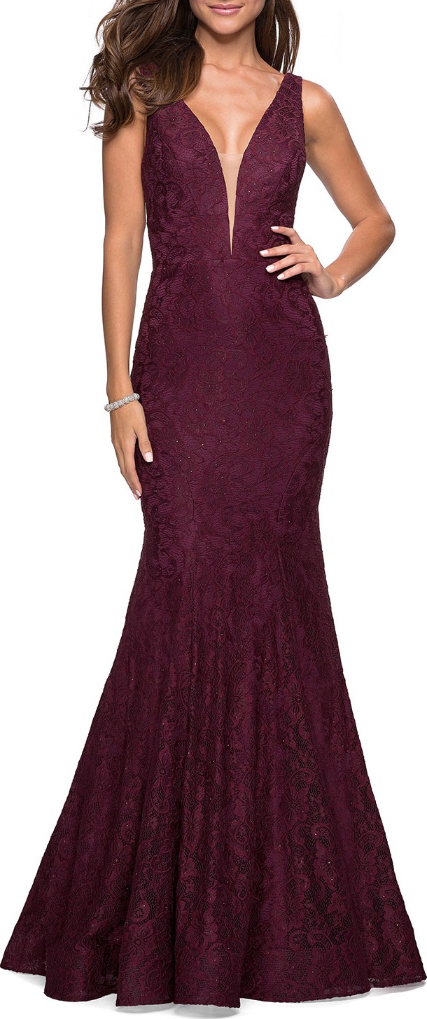 La Femme V-Neck Sleeveless Stretch-Lace Mermaid Gown