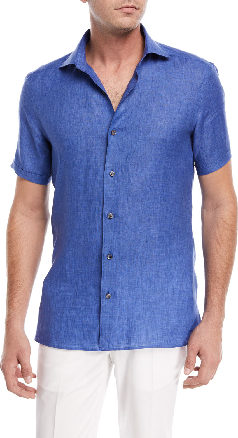 Ermenegildo Zegna Linen Short-Sleeve Sport Shirt, Blue