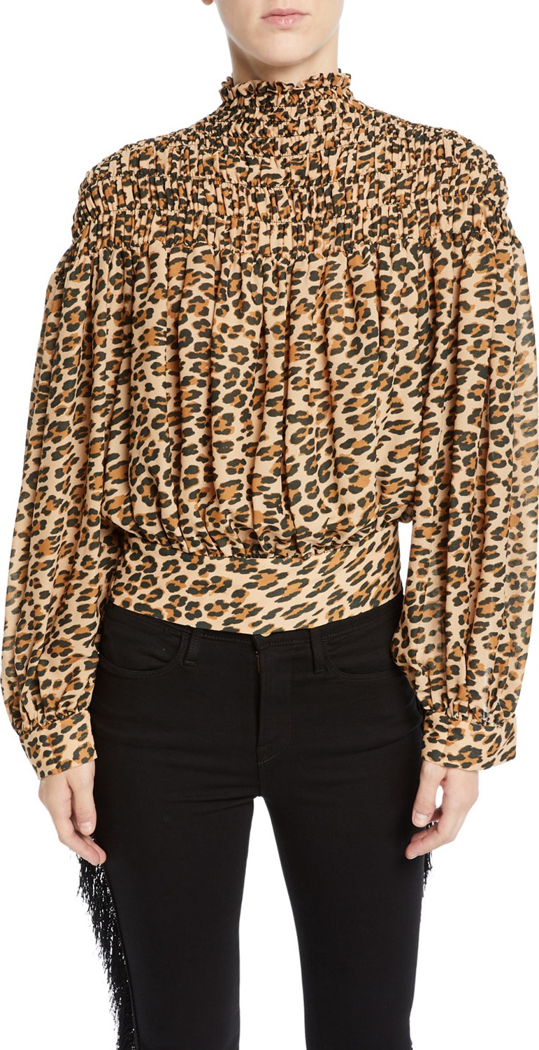 FRAME DENIM Smocked Cheetah-Print Long-Sleeve Blouse