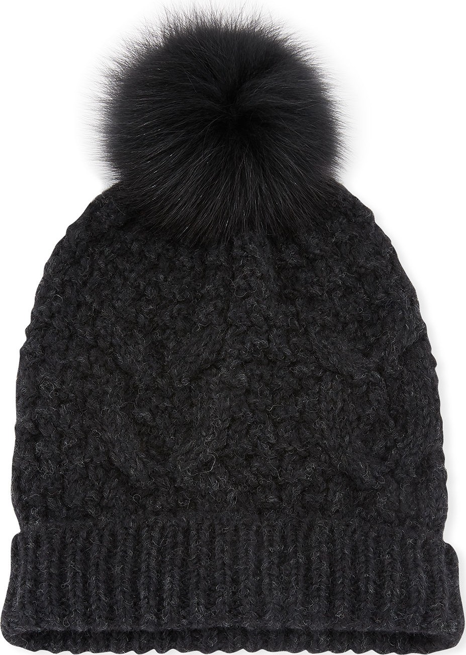 Il Borgo Cable Knit Beanie Hat w/ Fur Pompom